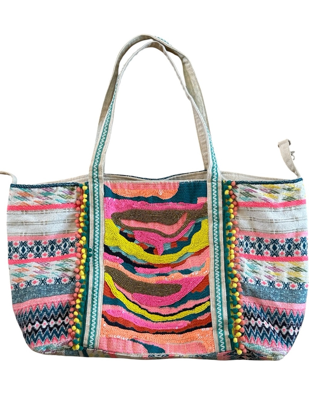 AMERICA & BEYOND DAPHNE EMBELLISHED MULTI-COLORED HAND BEADED BOHEMIAN TOTE